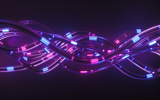 3d render, abstract background, pink blue neon light impulse going through cables, big data transfer, network