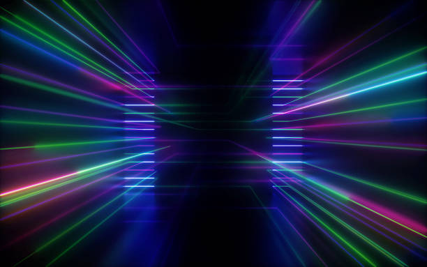 rendering 3d, sfondo astratto, linee neon verde blu rosa, spazio virtuale, concetto di velocità - laser lasershow exhibition dancing foto e immagini stock
