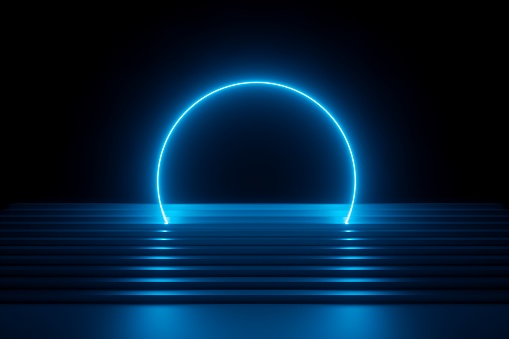 3d Render Abstract Blue Neon Background Modern Music Performance Stage  Futuristic Glowing Round Arch Over Stairs Blank Banner Ultraviolet Spectrum  Laser Show Stock Photo - Download Image Now - iStock