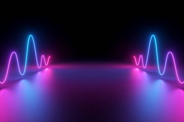 3d render, abstract background, glowing dynamic wavy lines on the floor, blue pink neon light, ultraviolet spectrum