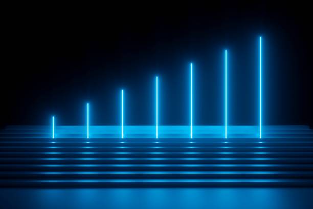 istock 3d render, abstract blue neon background, glowing vertical lines, illuminated stairs, fashion podium, performance stage 1152443198