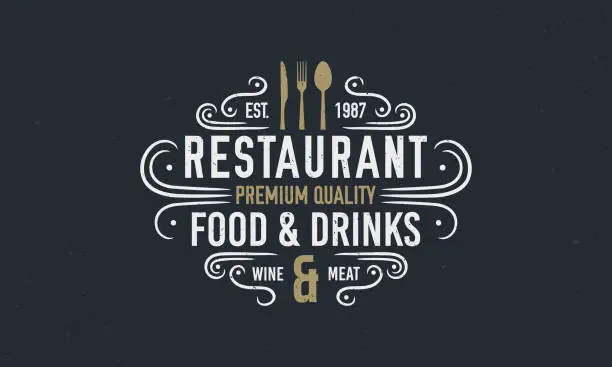 Vector illustration of Vintage luxury restaurant logo or poster template. Vintage emblem for restaurant. Restaurant menu design. Vector illustration