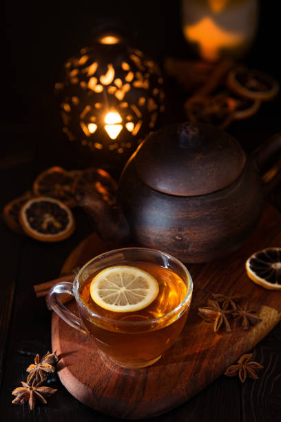 istock rustic still life with black tea in a clay cup 1152445962