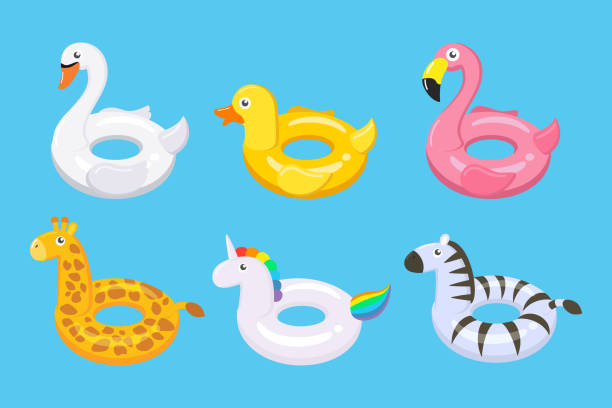 illustrazioni stock, clip art, cartoni animati e icone di tendenza di collezione di galleggianti colorati simpatici giocattoli per bambini ambientati in diversi animali - illustrazione vettoriale. - swimming pool illustrations