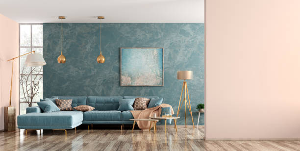 Interior of living room with blue sofa 3d rendering Modern interior of living room with blue corner sofa, coffee tables, floor lamp, wall with copy space 3d rendering home showcase interior stock pictures, royalty-free photos & images