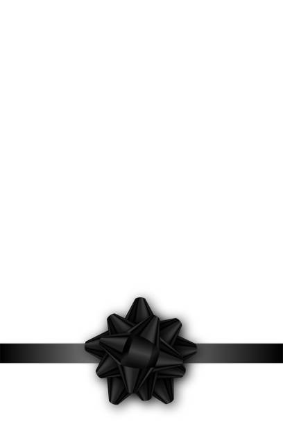 istock Holiday gift card with black ribbon and bow on white background. Template for a business card, banner, poster, notebook, invitation 1152447399
