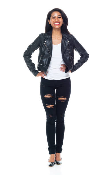 istock Beautiful Latino female wearing a leather jacket - hands on hips 1152447785