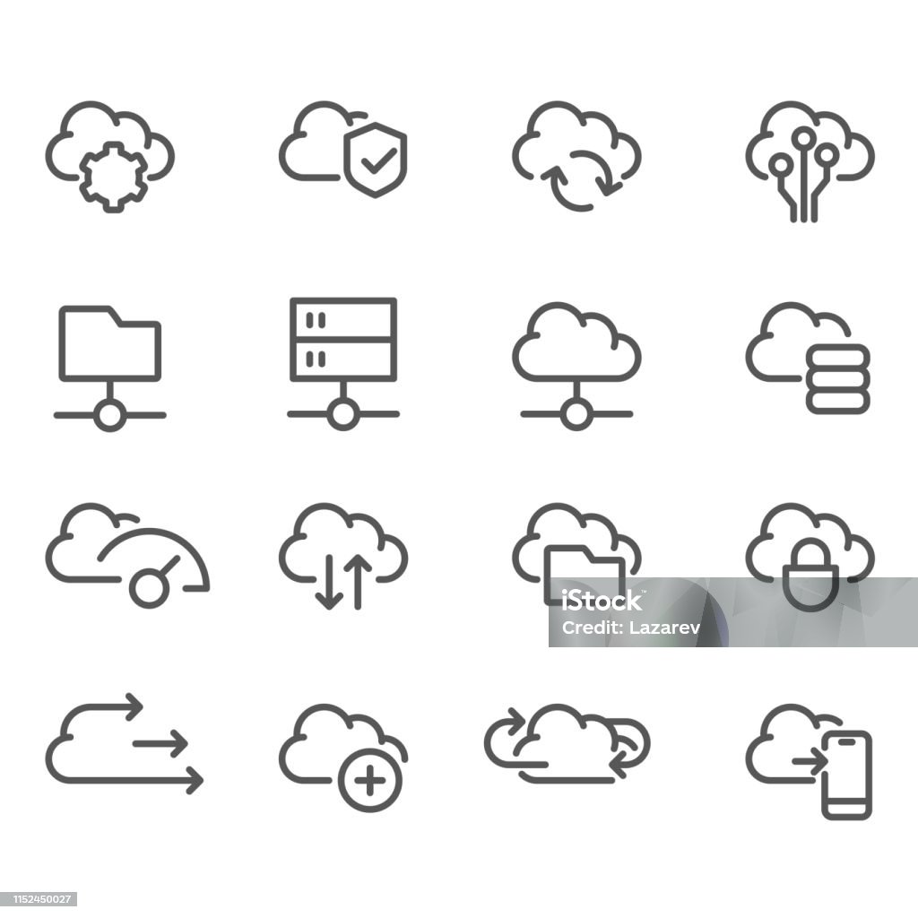 Cloud computing line icons set -  data sync, transfer, cloud storage Cloud Computing stock vector