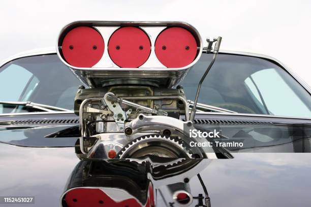 Blower On The Mask Of Classic Muscle Car Stock Photo - Download Image Now - Engine, Sports Car, Supercharged Engine