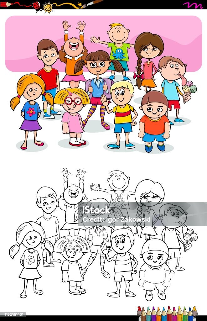 children and teens characters group color book Cartoon Illustration of Boys and Girls Children Characters Group Coloring Book Activity Activity stock vector