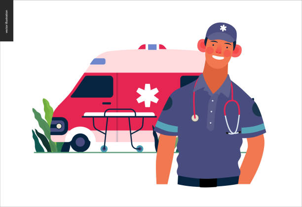 Medical insurance template - ambulance transport and emergency evacuation Medical insurance template -ambulance transport and emergency evacuation -modern flat vector concept digital illustration of a male paramedic and ambulance van. Medical service and insurance emergency first response stock illustrations