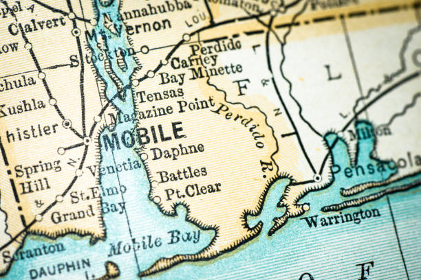 Antique USA map close-up detail: Mobile, Alabama Antique USA map close-up detail: Mobile, Alabama map of alabama cities stock illustrations