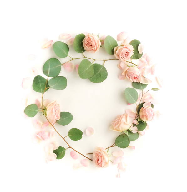 Wreath Flowers composition background. frame mockup with pink roses and eucalyptus leaves, branches on white background.  Copy space. top view. flat lay