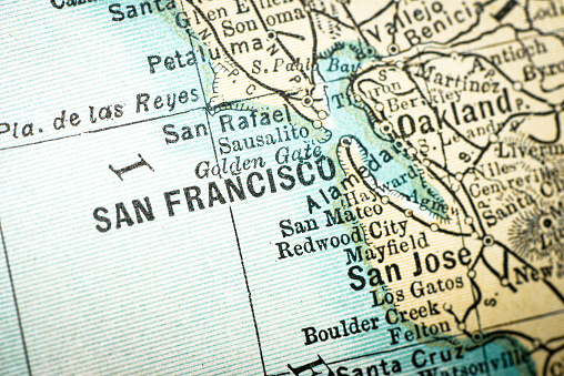 Antique USA map close-up detail: San Francisco, California
