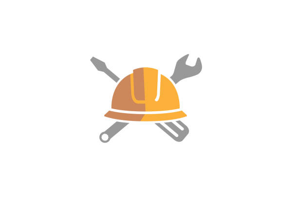 creative helm engineer wrench logo design illustration - mechanic cartoon construction work tool stock-grafiken, -clipart, -cartoons und -symbole