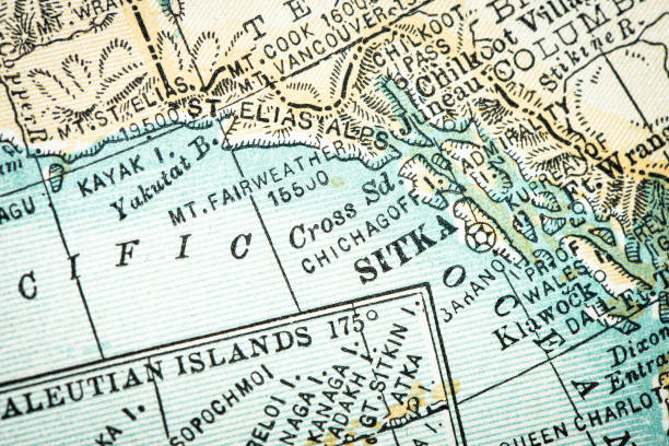 Antique USA map close-up detail: Sitka, Alaska Antique USA map close-up detail: Sitka, Alaska alaska us state stock illustrations