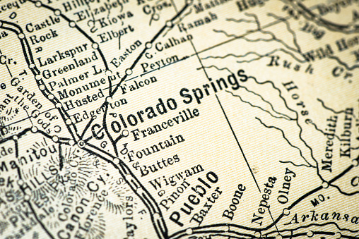 Antique USA map close-up detail: Colorado Springs, Colorado
