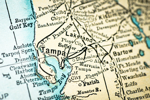 Antique USA map close-up detail: Tampa, Florida