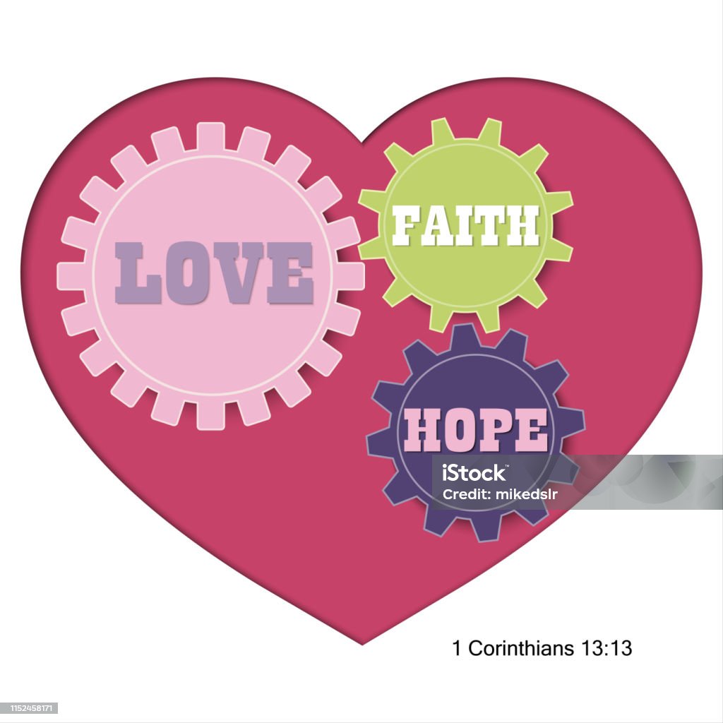 vector of heart and colorful gears in papercut style vector graphic design of christian bible verse "faith, hope, and love" 1 Corinthians 13:13, colorful gears drive within heart Beauty stock vector