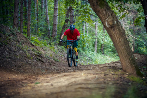 istock Mountain biker riding on bike on forest dirt trail 1152458393