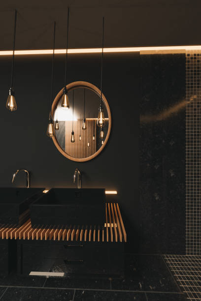 istock 3d rendering of precious black bathroom with wooden mirror and illuminated lightbulbs 1152458446