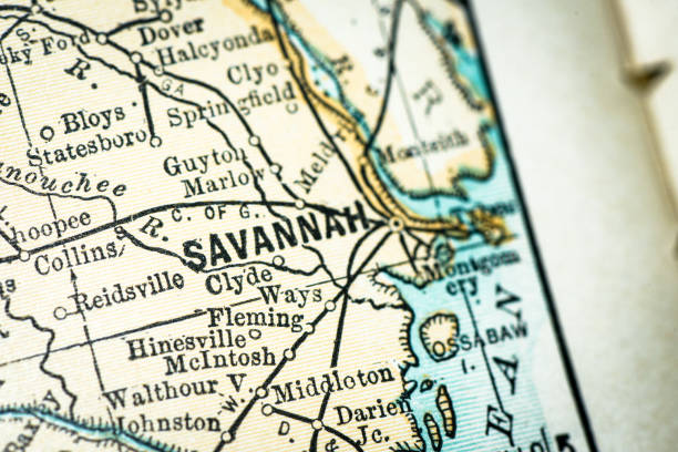 Antique USA map close-up detail: Savannah, Georgia Antique USA map close-up detail: Savannah, Georgia georgia us state illustrations stock illustrations