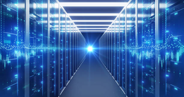 istock Corridor of  server room with server racks in datacenter. 3d illustration 1152461284