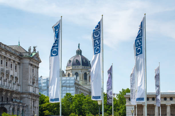 Flags OSCE near the building of Hofburg palace - OSCE Congress Centre in Vienna, Austria VIENNA, AUSTRIA - MAY 26: Flags OSCE(Organization for Security and Co-operation in Europe) near the building of Hofburg palace - OSCE Congress Centre in Vienna, Austria, on May 26, 2019. heldenplatz stock pictures, royalty-free photos & images