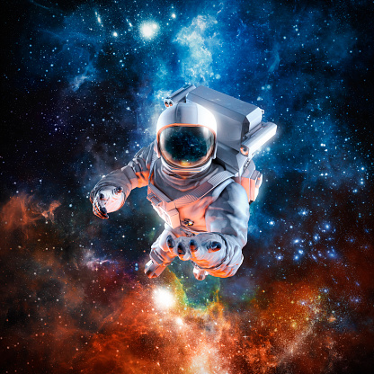 3D illustration of science fiction scene with astronaut floating in outer space reaching with open hand towards viewer
