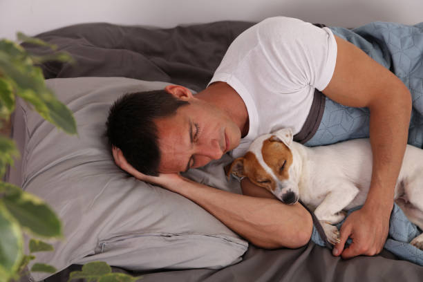 istock Man and dog sleeping together. Pet Allergies concept 1152468437