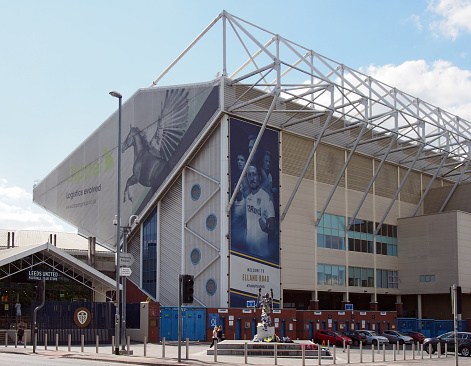 leeds, west yorkshire, united kingdom - 16 may 2019: elland road football stadium the home of leeds united witth bremner square decorated with team scarves and shirts on the day after the championship playoffs on 15th may 2019