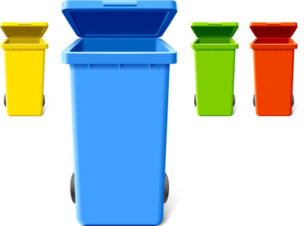 ilustrações, clipart, desenhos animados e ícones de colorido latas de lixo para reciclagem - utilization