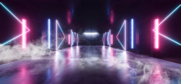 istock Smoke Neon Lights Futuristic Sci Fi Purple Blue Arrow Shaped Glowing Vibrant Empty Space Grunge Concrete Tunnel Corridor Stage Spaceship Garage Underground 3D Rendering 1152471207
