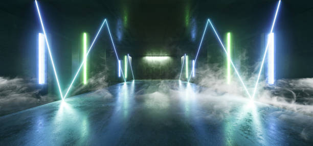 istock Smoke Neon Lights Futuristic Sci Fi Green Blue Arrow Shaped Glowing Vibrant Empty Space Grunge Concrete Tunnel Corridor Stage Spaceship Garage Underground 3D Rendering 1152471277