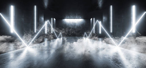 istock Smoke Neon Lights Futuristic Sci Fi  Blue Shaped Glowing Vibrant Empty Space Grunge Concrete Tunnel Corridor Stage Spaceship Garage Underground 3D Rendering 1152471292