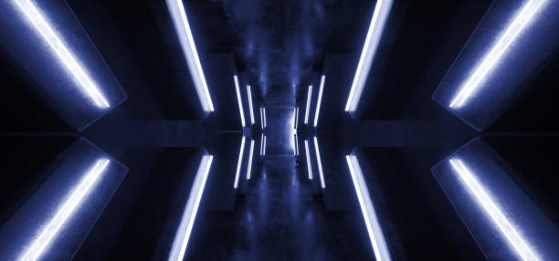 istock Futuristic Arrow Shaped Neon Lights Glowing Vibrant Blue Corridor Grunge Concrete Dark Reflective Virtual Podium Garage Stage Udnerground Spaceship 3D Rendering 1152472111