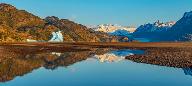 panoramic torres del paine sunrise, patagonia - spring forest scenics reflection imagens e fotografias de stock