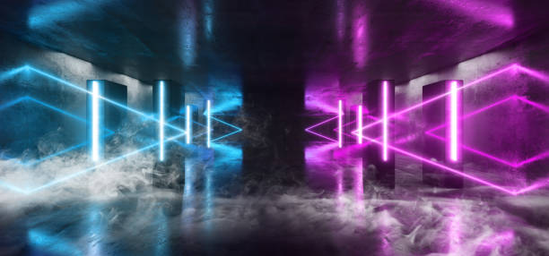 istock Smoke Neon Lights Futuristic Sci Fi Purple Blue Triangle Shaped Glowing Vibrant Empty Space Grunge Concrete Tunnel Corridor Stage Spaceship Garage Underground 3D Rendering 1152473386