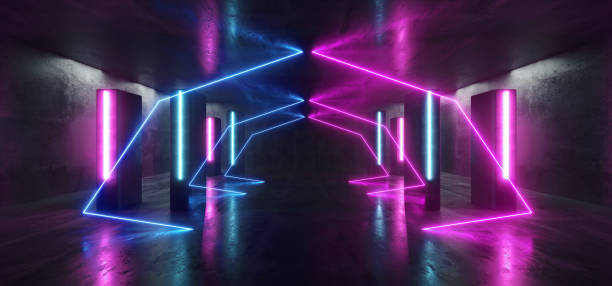 istock Neon Lights Futuristic Sci Fi Purple Blue Triangle Shaped Glowing Vibrant Empty Space Grunge Concrete Tunnel Corridor Stage Spaceship Garage Underground 3D Rendering 1152473603