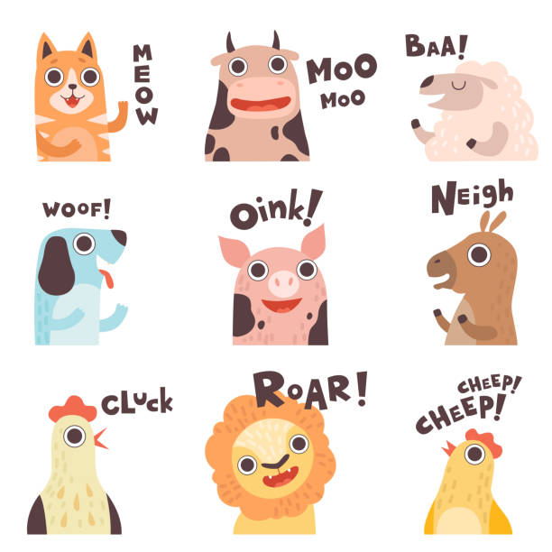 niedliche cartoon farm animal making sounds set, katze, kuh, schafe, hund, schwein, pferd, hen, löwe, tschick saying vector illustration - dog school audio stock-grafiken, -clipart, -cartoons und -symbole