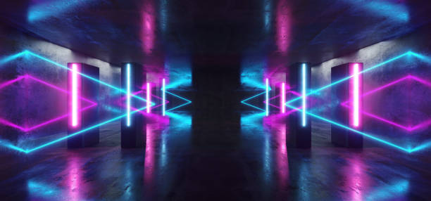 istock Neon Lights Futuristic Sci Fi Purple Blue Triangle Shaped Glowing Vibrant Empty Space Grunge Concrete Tunnel Corridor Stage Spaceship Garage Underground 3D Rendering 1152474328