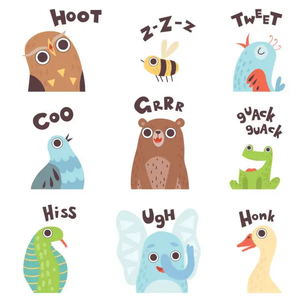 Vector illustration of Cute Cartoon Farm Animal Making Sounds Set, Owl, Bee, Bird, Pigeon, Bear, Frog, Snake, Elephant, Goose Saying Vector Illustration