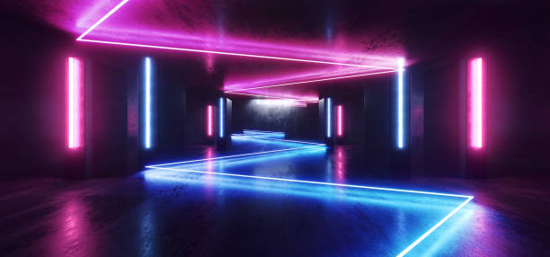 istock Neon Lights Futuristic Sci Fi Purple Blue Triangle Shaped Glowing Vibrant Empty Space Grunge Concrete Tunnel Corridor Stage Spaceship Garage Underground 3D Rendering 1152474807