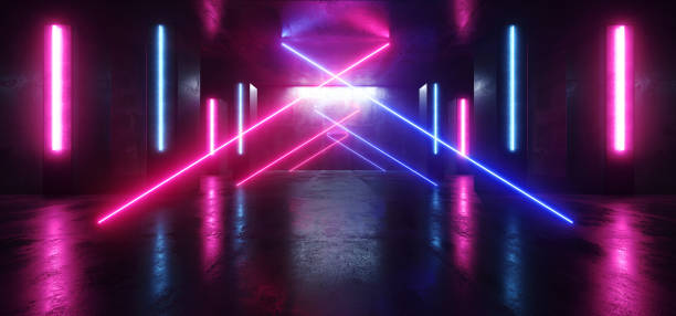 istock Neon Lights Futuristic Sci Fi Purple Blue Triangle Shaped Glowing Vibrant Empty Space Grunge Concrete Tunnel Corridor Stage Spaceship Garage Underground 3D Rendering 1152474906