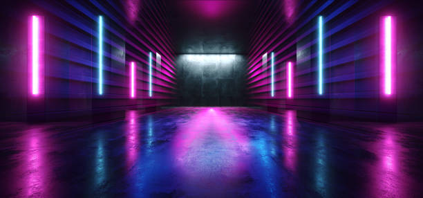 istock Neon Lights Futuristic Sci Fi Purple Blue Line Shaped Glowing Vibrant Empty Space Grunge Concrete Tunnel Corridor Stage Spaceship Garage Underground 3D Rendering 1152475047