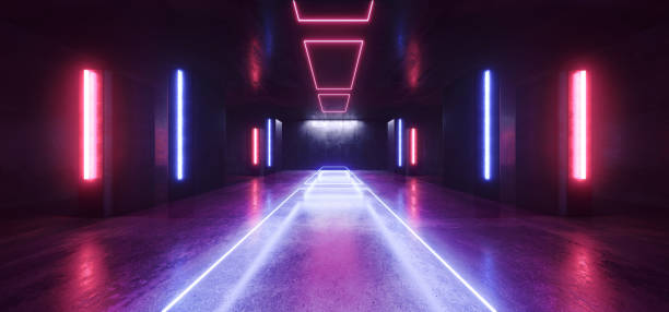 istock Neon Lights Futuristic Sci Fi Purple Blue Triangle Shaped Glowing Vibrant Empty Space Grunge Concrete Tunnel Corridor Stage Spaceship Garage Underground 3D Rendering 1152475105