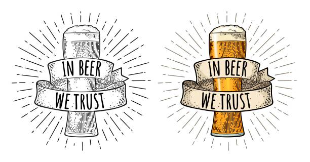Glass with ribbon. Handwriting lettering in beer we trust. Vector engraving monochrome and color vintage illustration isolated on white background.