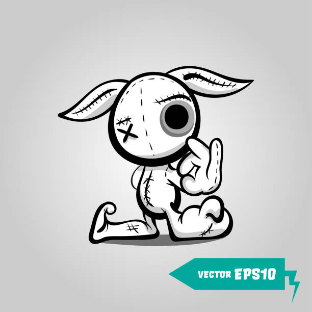 Angry sewn voodoo bunny Finger gesture Ok Cute evil rabbit halloween sticker. Angry sewn voodoo bunny. Comic book sketch vector. Stitched thread funny monochrome zombie monster. Finger gesture Ok thread stock illustrations