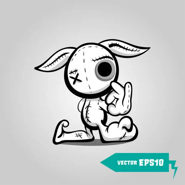 Vector illustration of Angry sewn voodoo bunny Finger gesture Ok
