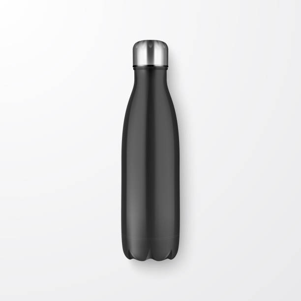 Vector Realistic 3d Black Empty Glossy Metal Reusable Water Bottle with Silver Bung Closeup on White Background. Design Template of Packaging for Mock up, Package, Advertising, Logo. Top View Vector Realistic 3d Black Empty Glossy Metal Reusable Water Bottle with Silver Bung Closeup on White Background. Design Template of Packaging for Mock up, Package, Advertising, Logo. Top View. hipflask stock illustrations